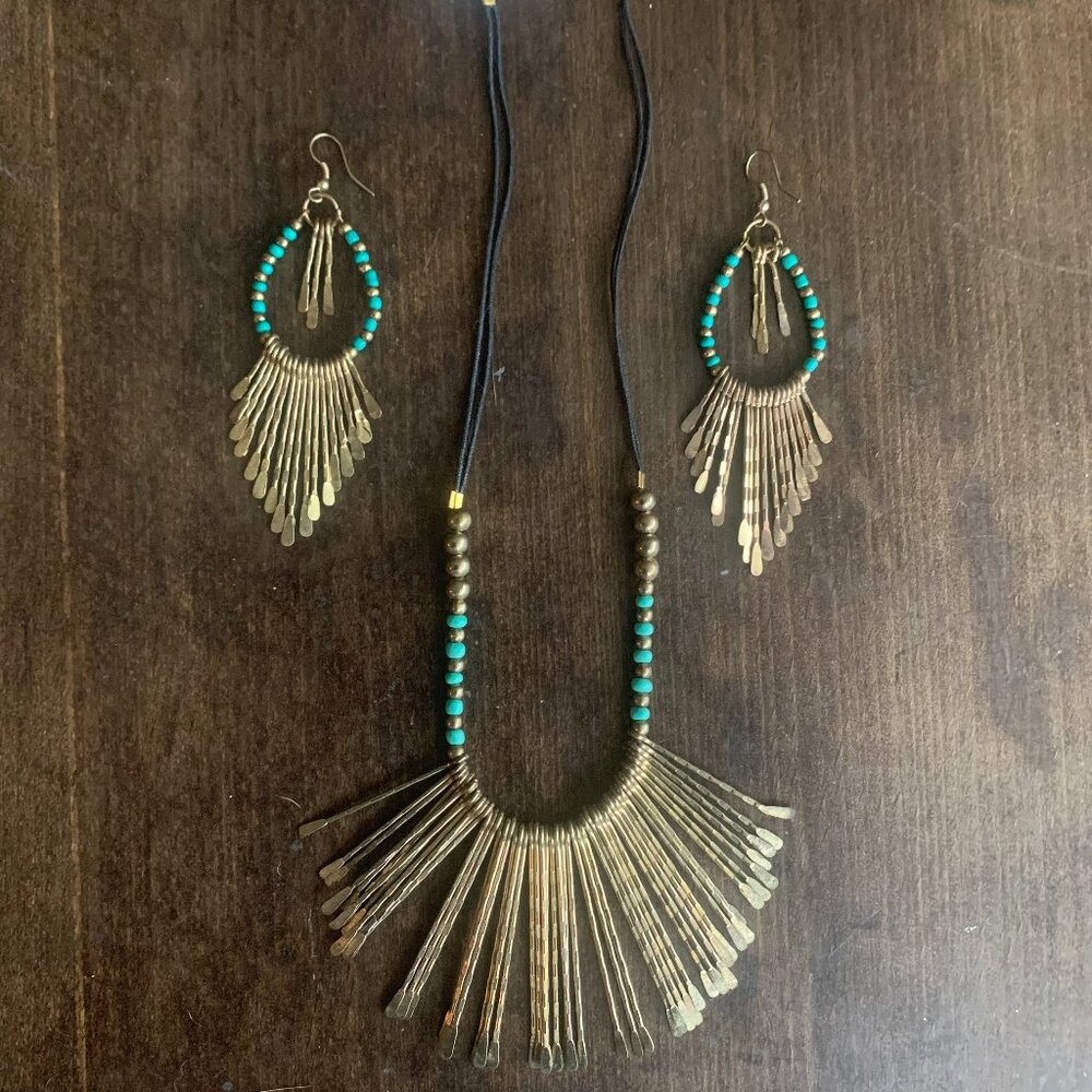 Brand new Boho Necklace and earring set - gold turquoise colour